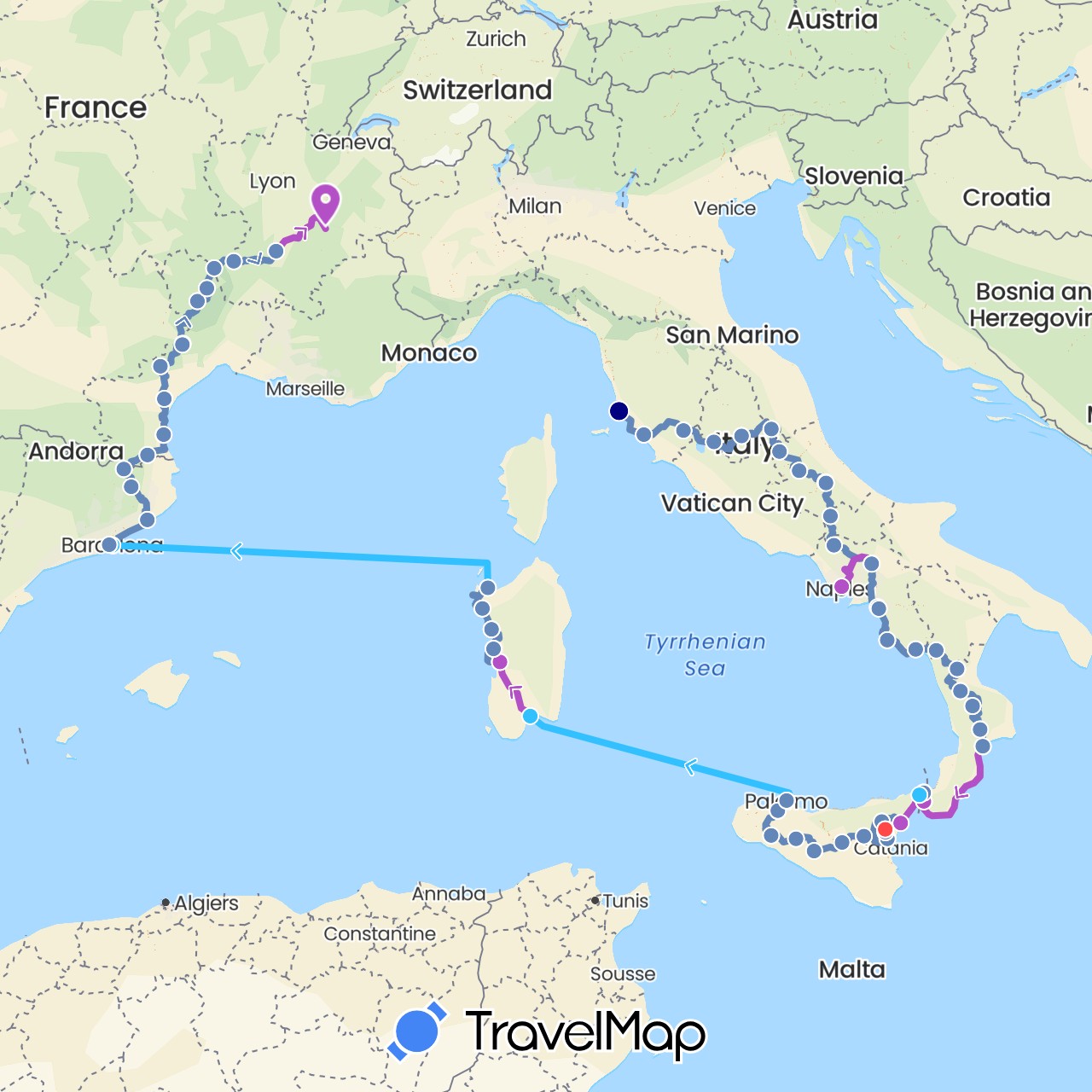 TravelMap itinerary: driving, cycling, train, hiking, boat in Spain, France, Italy (Europe)